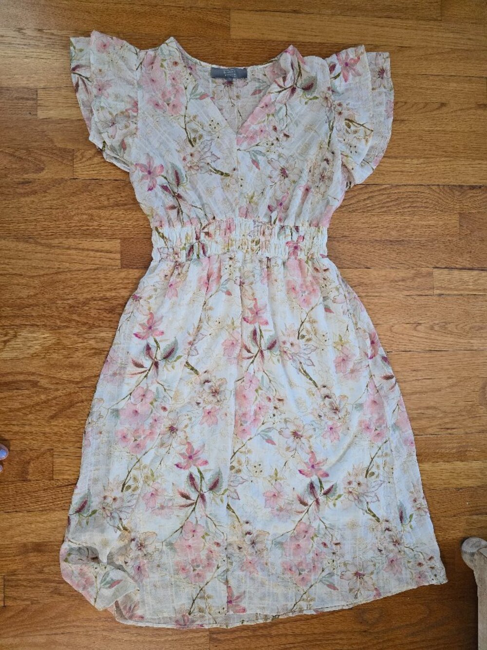 Berkley Jensen Floral V-Neck Flutter Sleeve A-Line Knee Dress White Pink XL